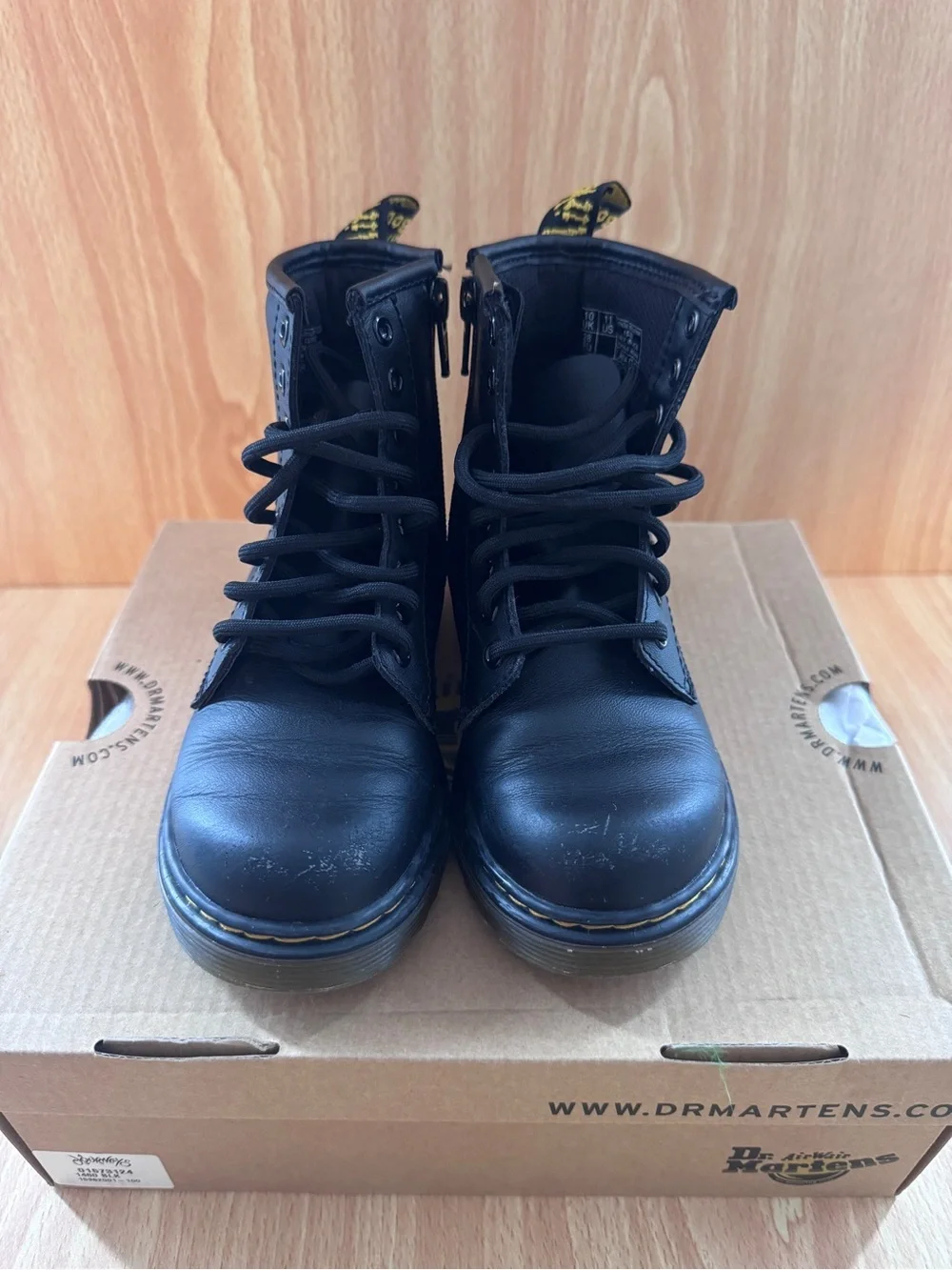 Dr. Martens Kids Black Leather Lace-Up Combat Boots with Side Zip